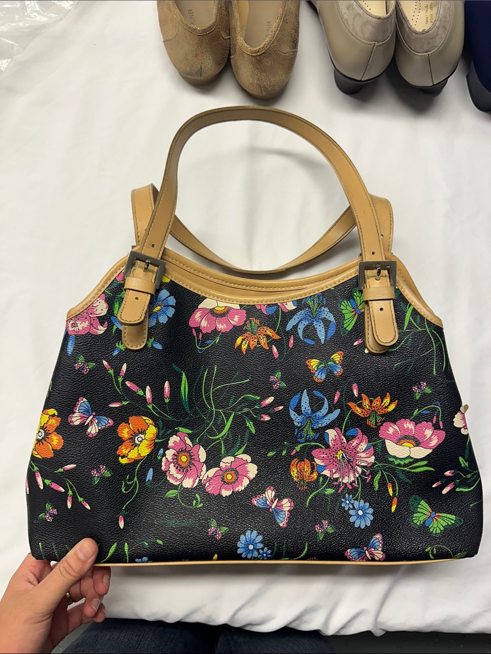 Floral Print Black Tote with Tan Handles